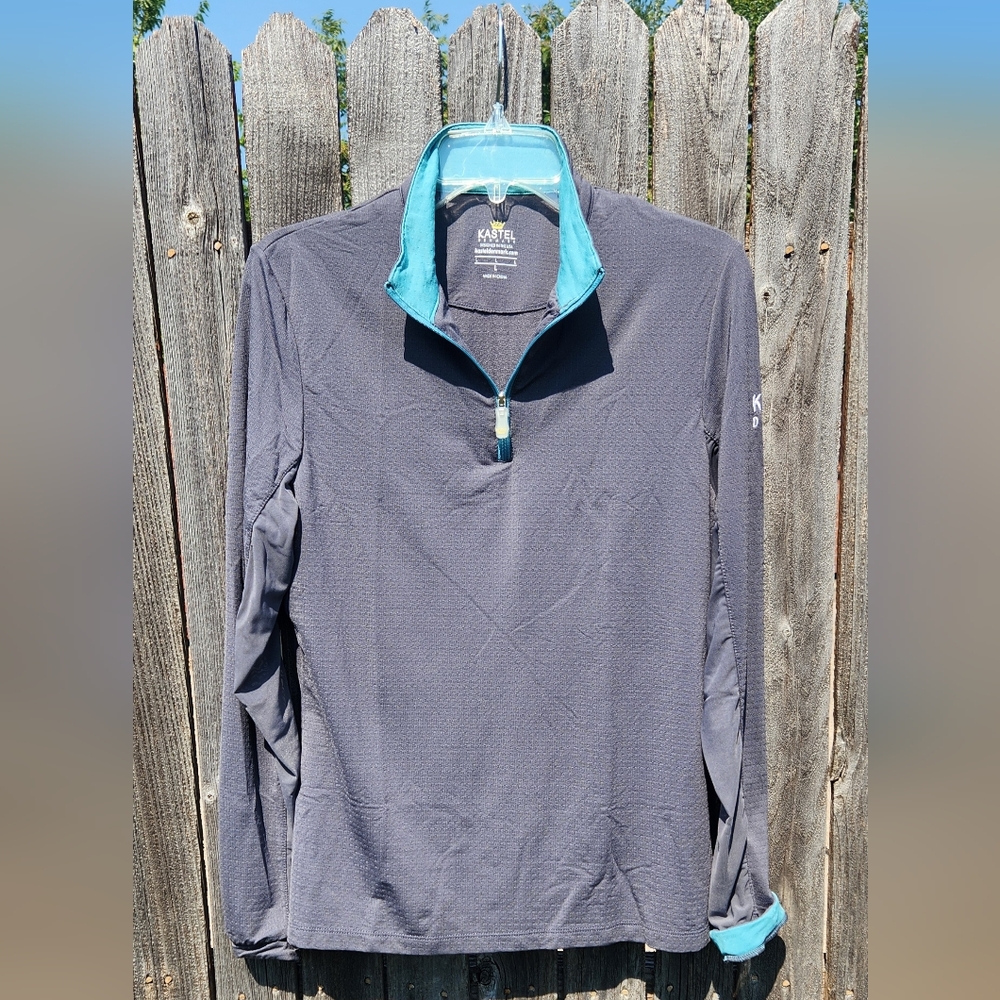 KASTEL Charcoal Long Sleeve 1/4 Zip Pullover W/ Teal Contrast Collar And Cuff